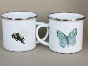 Emaille Tasse mit Hummel und Schmetterling