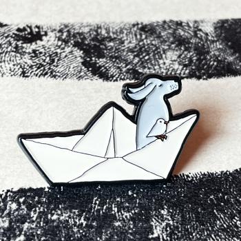 Enamel Pin - paper boat with dog and bird