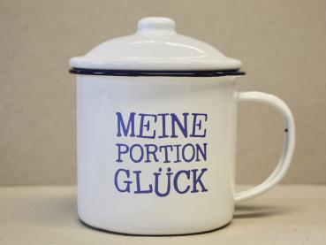 Emaille Tasse mit Deckel - Portion Glück