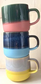 Tasse – rosa grün gestreift, Steingut, 390 ml