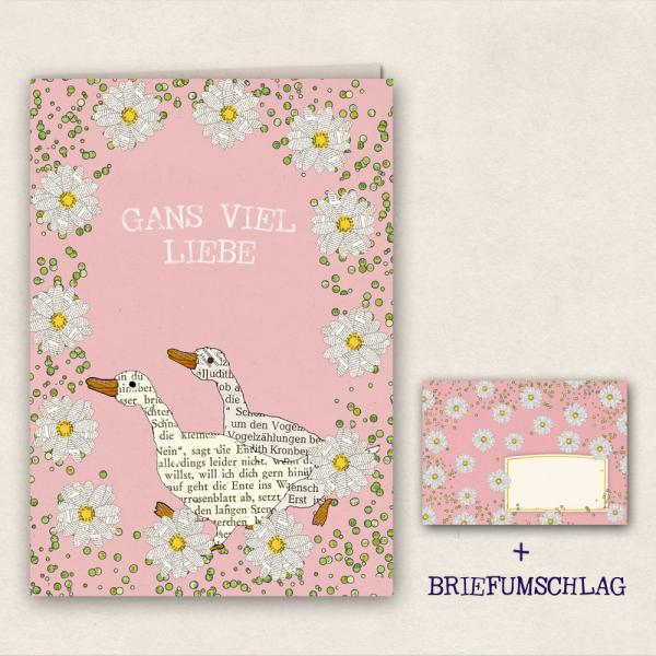 Doppelkarte : Gans viel Liebe mit Gänseblümchen
