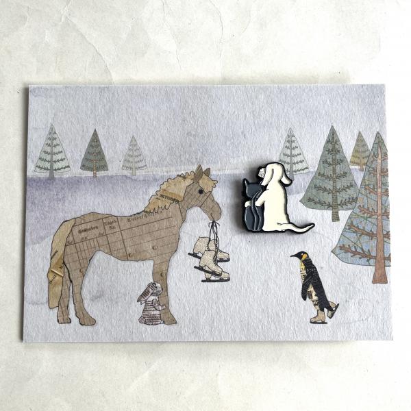 Cat and Dog – Enamel Pin on Winter Card