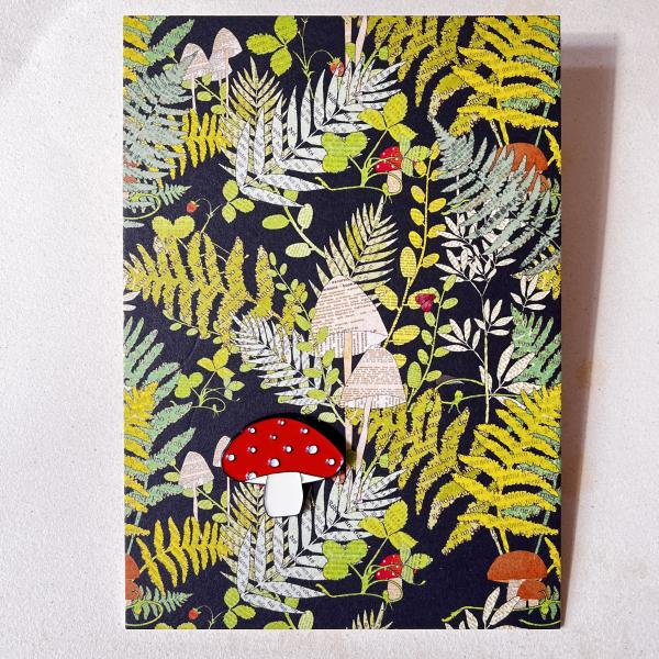 fly agaric in the dark Forest – Enamel Pin on Large Card